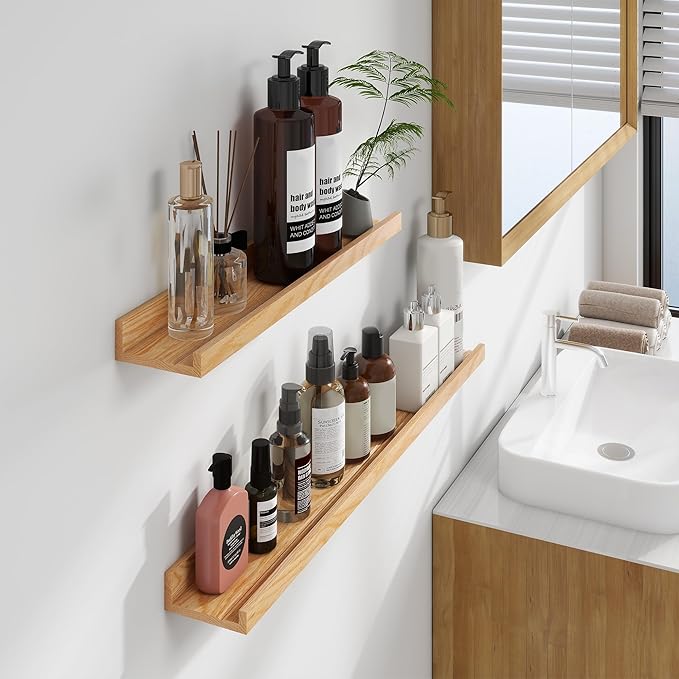 Floating Picture Ledge Shelves 36 Inch Solid Oak Wood Set of 2, Rustic Wall Storage Shelves with Lip, Kids Bookshelf, Photo & Picture Ledge Shelves for Bedroom, Living Room, Kitchen