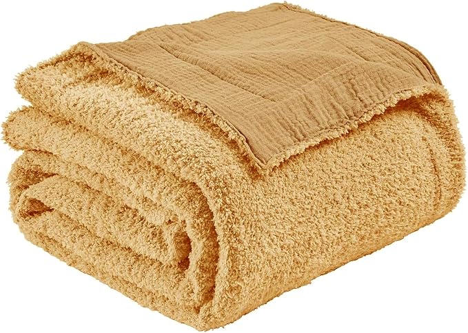 EMME Muslin and Fleece Queen Blanket Reversible - 80"*90" Beige Soft Warm Throw Blankets for Couch Bed Picnic Travel Bed