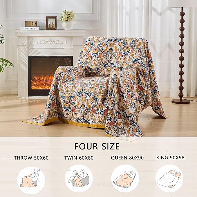 Boho Throw Blanket Reversible Cotton Bohemian Tapestry,100% Cotton Throw Blanket for Couch,Sofa,Chair,Lightweight Summer Quilt Soft 4-Layer Muslin Blanket for Farmhouse,Picnic Decor 50"x60"