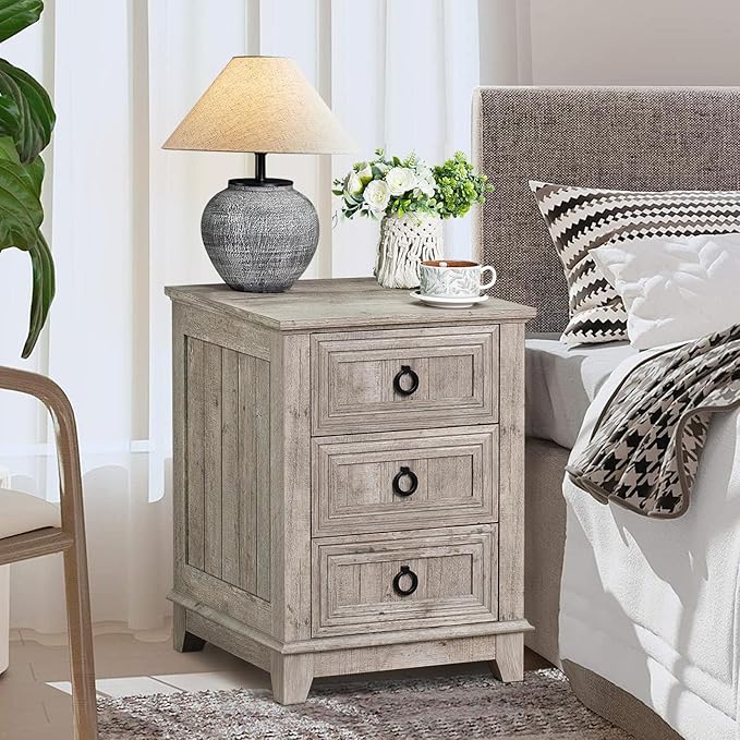 Farmhouse Night Stand Set of 2, 18" End Table with 3 Drawer Metal Handle, Dresser for Bedroom, Sofa Bed Side Table Chest of Drawers,Wood Nightstand Cabinet for Organizer, Living Room-Oak
