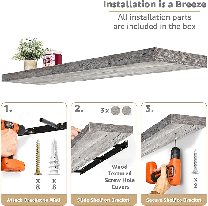 Sorbus Floating Shelves for Wall - 48 Inch Long Bathroom Shelves, Wall Decor for Bedroom, Kitchen, Living Room & Book Storage - Mounted Floating Shelf with Invisible Brackets (Gray, 3 Pack)