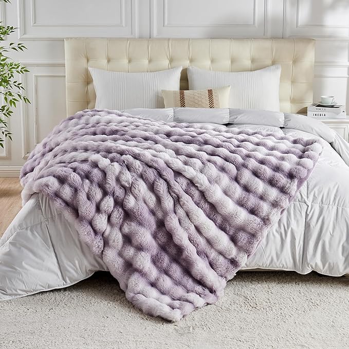 Lotus Karen Faux Fur Throw Blanket Tie-Dye Purple - Big Bubble Rabbit Fluff Blanket for Couch, Large Fluffy Fuzzy Cozy Blanket,Thick Furry Plush Shaggy Blankets,108x90 Inches