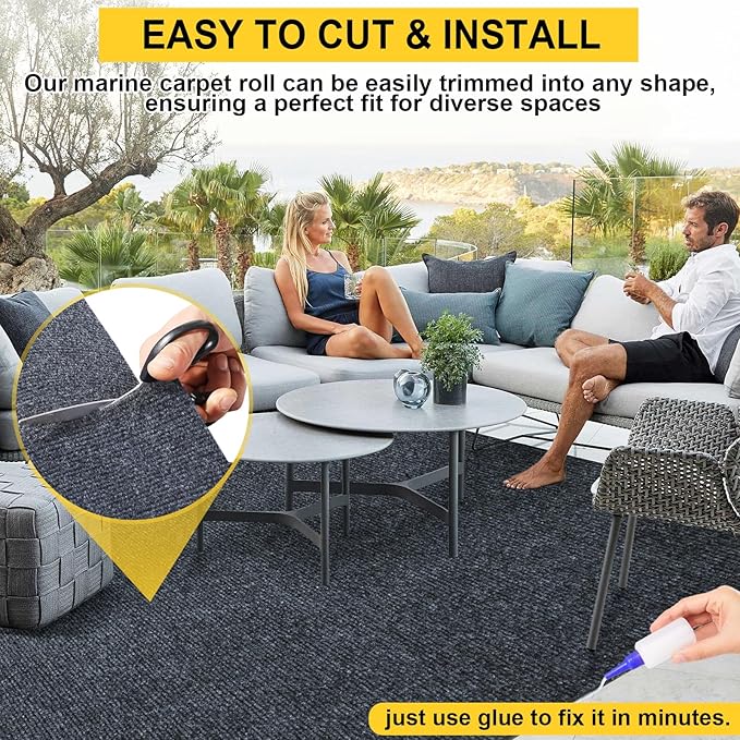 Marine Carpet,6 FT x 10 FT Dark Gray Indoor Outdoor Carpet 0.2" Thick Boat Carpet with Water-Proof TPE Backing, Non-Slide Outdoor Marine Carpet Roll for Home, Patio, Porch, Deck