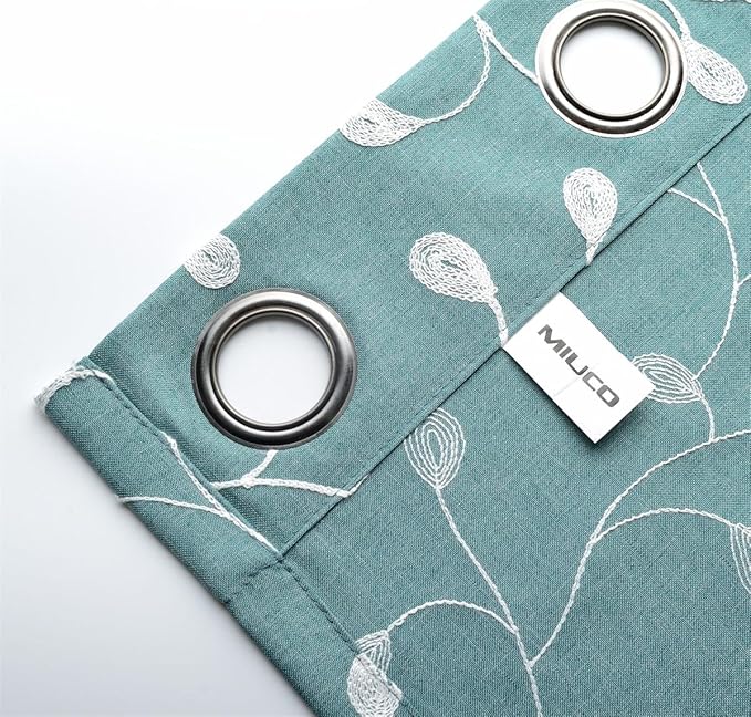 MIUCO Floral Embroidered Semi-Sheer Curtains Faux Linen Grommet Curtains for Living Room 52 x 84 Inch 2 Panels Set, Teal