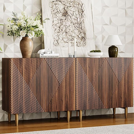 65 Inch Fluted TV Stand, Mid Century Modern Entertainment Center with Storage Cabinets & Adjustable Shelves, Media Console TV Credenza for Living Room, Dining Room, Hallway, Walnut