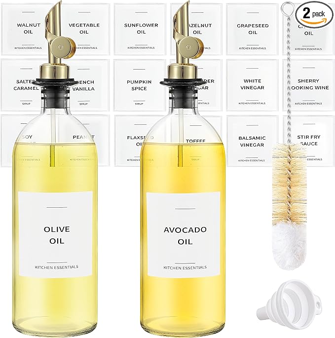 Olive Oil Dispenser Bottle - Includes 55 Kitchen Essential Labels - Cooking Oil Bottles for Kitchen, Coffee Syrup Dispenser - Pourer Spout with 16.9 fl oz Glass Container Cruet - 2pcs, Gold
