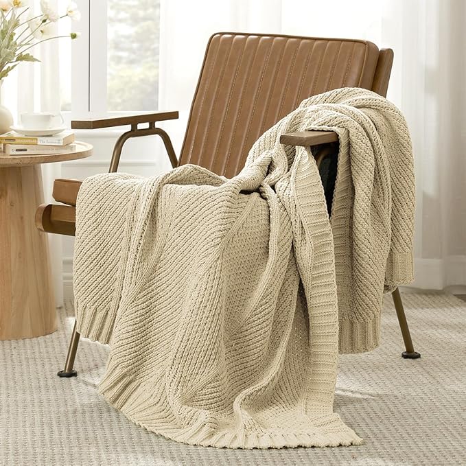 Amélie Home Chenille Knit Throw Blanket for Couch, Chevron Texture Decorative Soft Blanket for Sofa, Bed & Chair, 50"x60", Beige