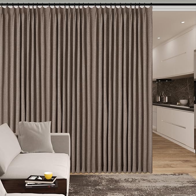 Room Divider Curtains Screen Partitions, Linen Look 100% Blackout Drapery 102 Inches Long, 100" Wide Pinch Pleated Window Drapes, Privacy Protecting, Light Blocking, (1 PC, Light Brown)