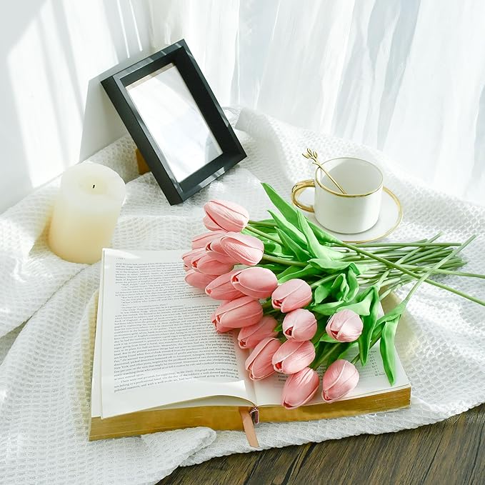 Mandy's Artificial Tulips 20 Stems Dusty Pink PU Faux Flowers for Wedding Home Decor 13.5 Inch