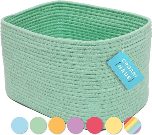 OrganiHaus Green Basket for Shelves, Decorative Cloth for Organizing, Cotton Rope Storage Basket for Toys, Small Woven Baskets for Storage