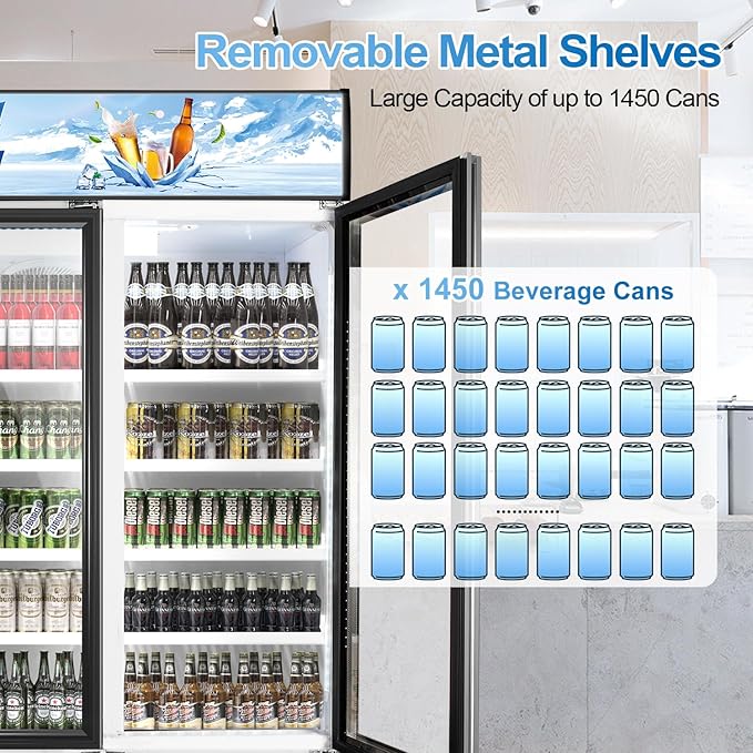 Tylza Commercial Refrigerator, Three Glass Door Display Beverage Fridge, 59.06 Cu Ft Upright Beverage Cooler Merchandiser with Replaceable Advertising Light Board, Rebound Door, Fast Cooling