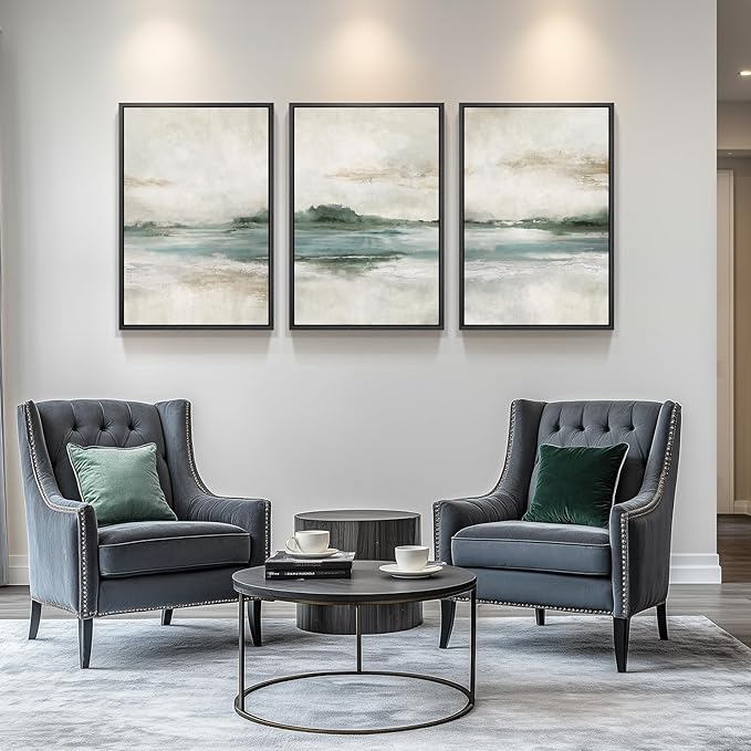 Large Framed Abstract Nature Landscape Wall Art for Living Room, Set of 3 Modern Canvas Prints Paintings Artwork for Walls, Green Lake Pictures for Hallway, Dining Room, Office Wall Decor 24x36 Inch