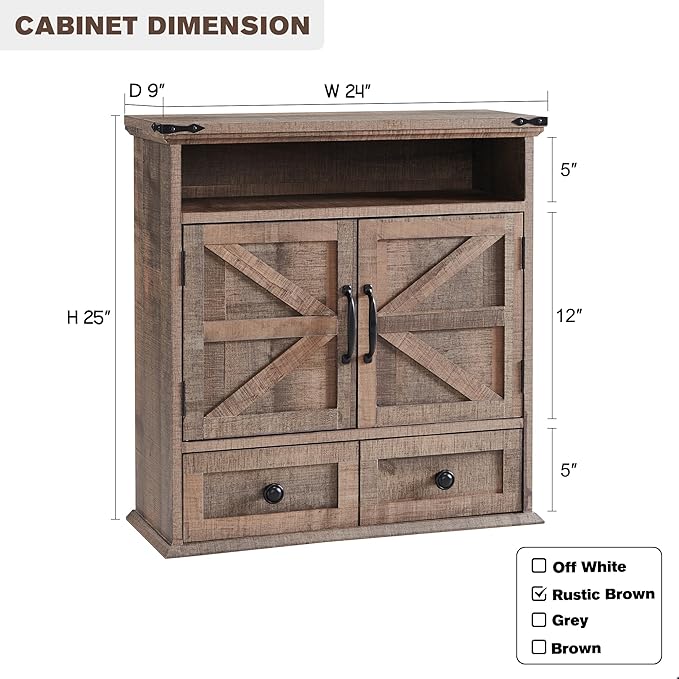 Bathroom Wall Cabinet, Farmhouse 24" Wide Medicine Cabinet with Drawer, Adjustable Shelf, Double Barn Doors, Storage Cabinets for Bathroom, Kitchen, Living Room, Rustic Brown