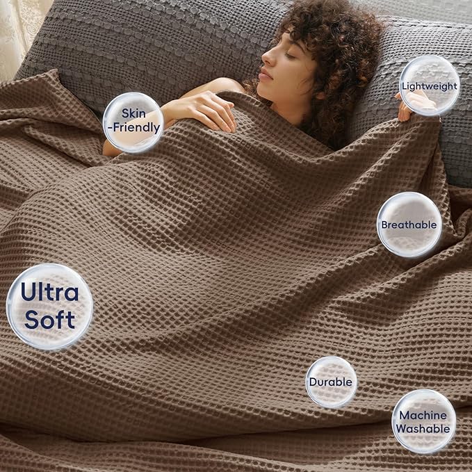 PHF Ultra Soft Waffle Weave Throw Blanket 50"x 60"- Washed Lightweight Breathable Cozy Woven Blanket for Bed - Aesthetic Decor for Couch Bedding Sofa Home Car - Cocoa Brown