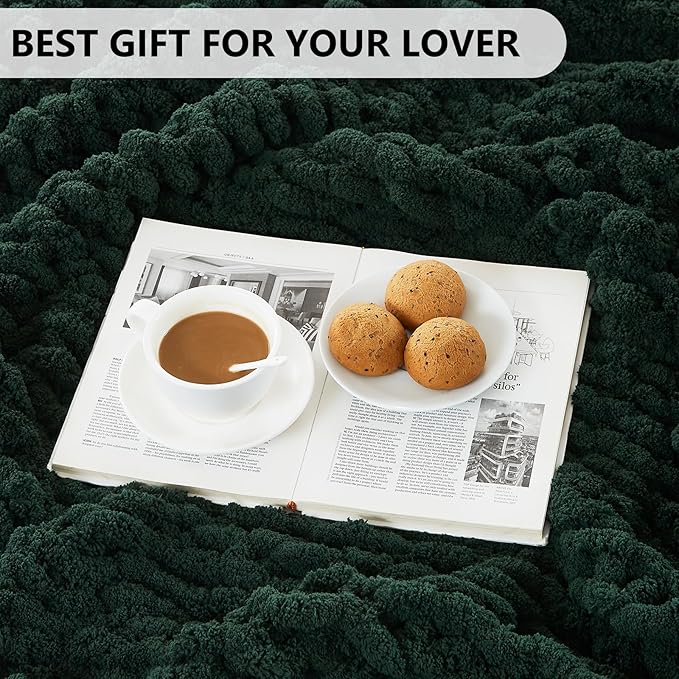 L'AGRATY Chunky Knit Blanket Throw: 80''x90'' Chenille Chunky Knitted Throw Blanket for Bed Couch - Handmade Thick Big Cable Knit Blanket - Large Chunky Crochet Rope Blanket for Home Decor(Green)