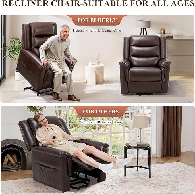 COLAMY PU Leather Power Lift Chair with Massage and Heat,Electric Lift Recliner Chair with Thick Cushioned Padding Backrest for Living Room, Office, Bedroom -Darkbrown