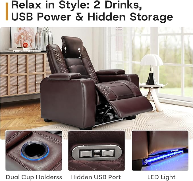 ANJ Power Home Theater Seating Set of 3, Brown Faux Leather Electric Recliner Chair with Powered Headrest, Dual Motors Movie Reclining Chairs with LED Lights,USB Port,Cup Holders, Hidden Arm Storage