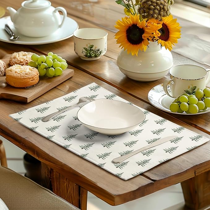 Pine Trees Christmas Placemats Set of 4 Xmas Tree Vintage Rustic Print Place Mats Winter Holiday Green White Farmhouse Linen Table Mats for Indoor Outdoor Kitchen Dining Party Decor