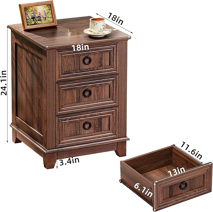 Farmhouse Night Stand Set of 2, 18" End Table with 3 Drawer Metal Handle, Dresser for Bedroom, Sofa Bed Side Table Chest of Drawers,Wood Nightstand Cabinet for Organizer, Living Room-Brown