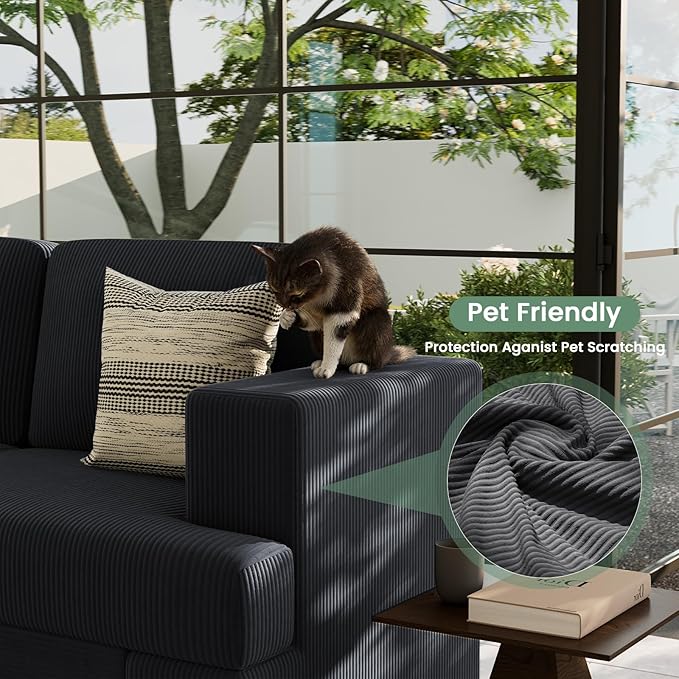 3 Seater Corduroy Couch for Living Room, 89” Black Cloud Sofa, Deep Seat Floor Couch for Bedroom, Futon Modern Sofa Sectional Bed, Black Corduroy