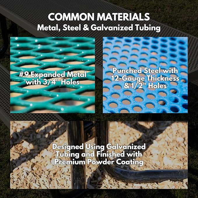 Heavy-Duty Portable Outdoor Picnic Table with Umbrella Hole, Expanded Metal Patio Dining Furniture Made in America (46" Round Top, Textured Light Blue)