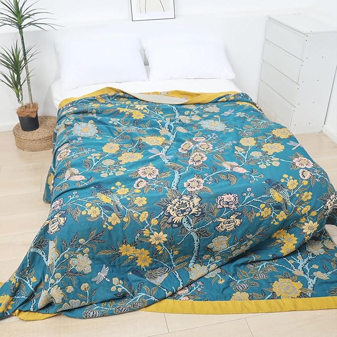 Snycler Boho Throw Blanket for Bed - 100% Cotton Ultra Soft Rustic Quilt Blanket Green Bird Floral Printed Farmhouse Decor Bed Blankets, 60"×80" All Season Rustic Throw for Sofa Couch Chair