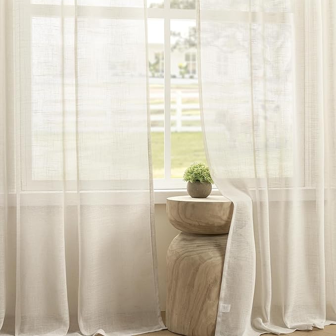 Joydeco Sheer Linen Curtains for Living Room, White Curtains 90 Inches Long 2 Panels Set, Rod Pocket Back Tab Window Privacy Assured with Light Filtering(W52 x L90 Inch,Linen)