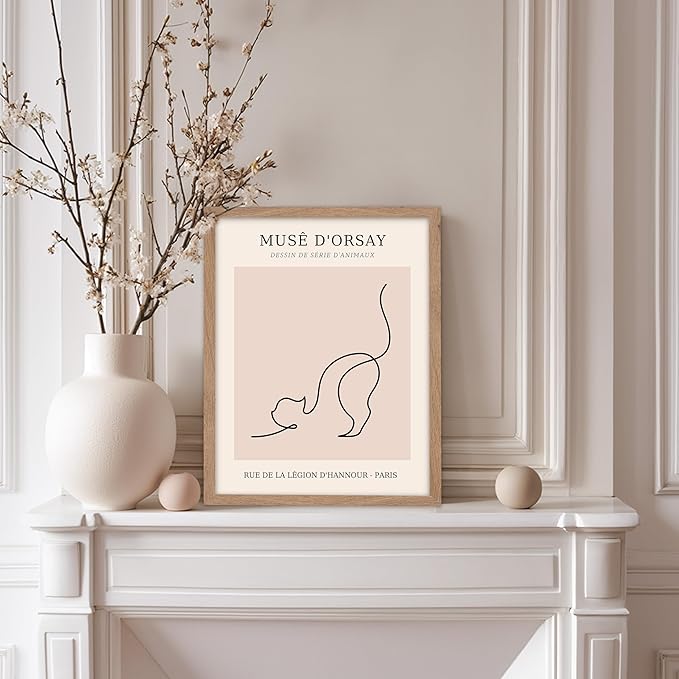 Poster Master Vintage Poster - Retro One Line Cat Drawing Print - Cat Art - Minimal Gift for Men, Women, Animal Lover - Abstract Wall Decor for Home, Office, Bedroom, 8x10 Beige Framed