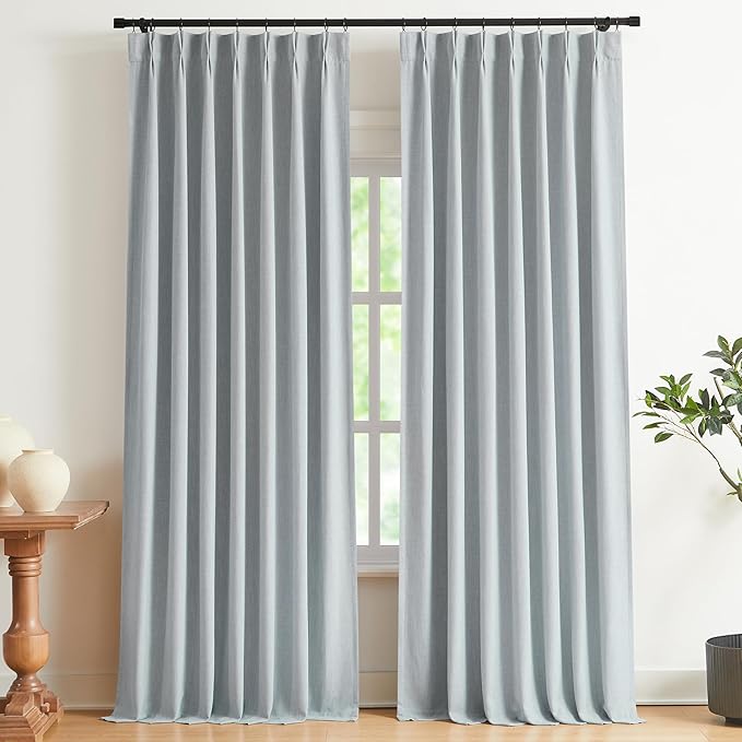 Vision Home Blue Gray Pinch Pleated Full Blackout Curtains Linen Blended Room Darkening Window Curtains 90 inch for Living Room Bedroom Thermal Insulated Pinch Pleat Drapes with Hooks 40" Wx90 Lx2