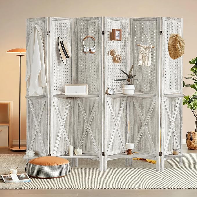 6 Panel Pegboard Display with 24 Hooks, Wooden Pegboard Room Divider Wall with Shelf, Rustic Room Dividers and Folding Privacy Screens, Bedroom, Jewelry Store, White