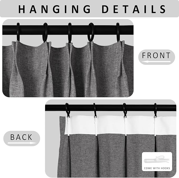 Macochico 100% Blackout Pinch Pleated Linen Curtains 84 Inch Length Thermal Blackout Curtains for Bedroom Living Room Nursery Natural Grey Farmhouse Burlap Curtains with Tieback 52”Wx84”L 1 Panel