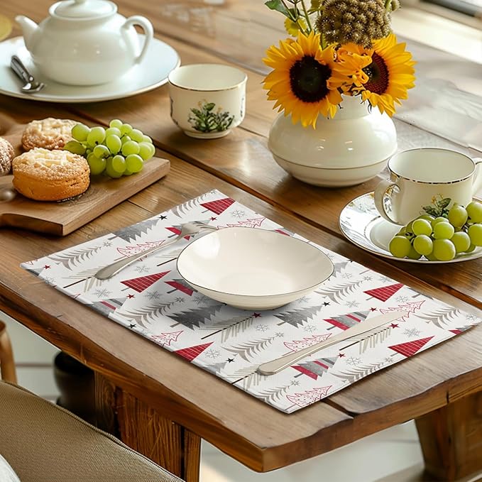 Christmas Tree Placemats Set of 4 Geometric Colorful Xmas Place Mats 12x18 Inch Seasonal Winter Holiday Farmhouse Washable Linen Table Mat for Party Kitchen Dining Decoration