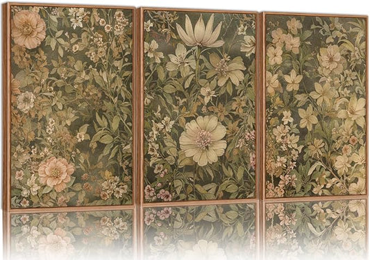 SIGNINART Vintage Floral Framed Canvas Wall Art Set of 3, Mid Century Modern Wildflower Wall Decor, Neutral Botanical Artwork, Retro Plant Art Prints for Bedroom, Living Room, Office 16"x24"