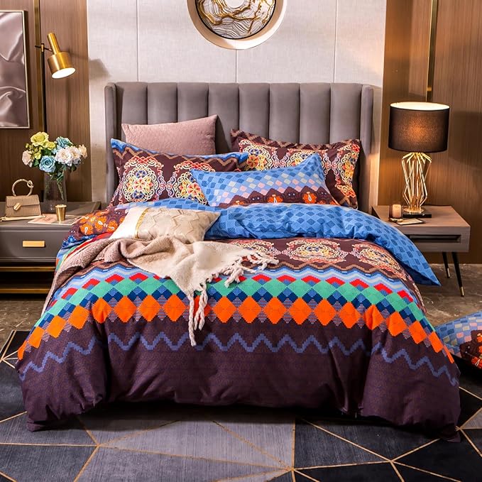 ABREEZE Bohemian Duvet Cover Set Colorful Brown Boho Retro Bedding Set Damask Paisley Cotton Duvet Cover Tribal Reversible Bedding Exotic Style Comforter Cover 3-Piece Queen