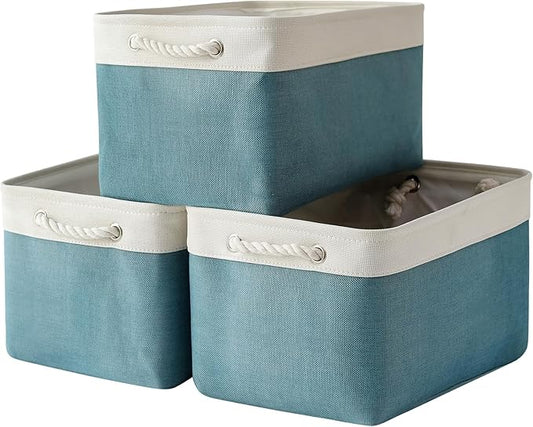 TheWarmHome Organization and Storage basket for Organizing - 3 Pack 16x12x12 inch Cube Storage Bin for Shelves, Fabric Storage Cubes for Organizer Cloth Closet Toy Box (White & Green)