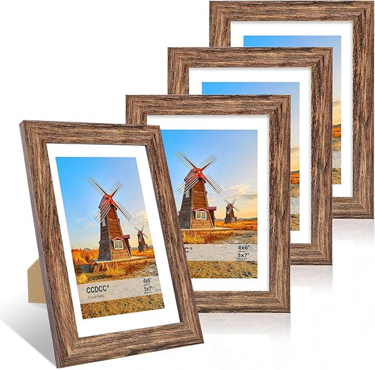 5x7 Picture Frame Set of 4, 5 x 7 Wood Photo Frames with Mat for 4x6, Natural Wooden Frame with Real Glass Cover for Wall and Tabletop Display,Rustic Brown