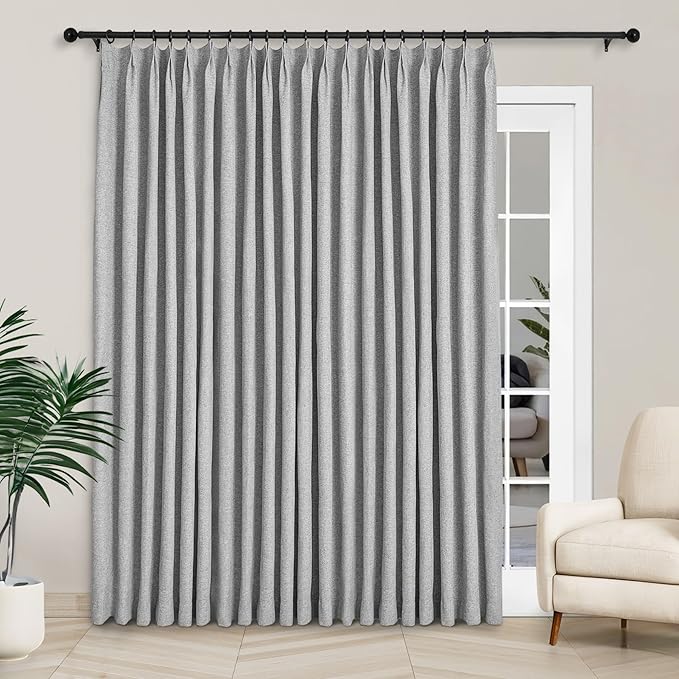 Macochico 100”Wx102”L 100% Blackout Pinch Pleated Linen Curtains for Sliding Door Bedroom Living Room Farmhouse Thermal Insulated Light Grey Burlap Drapes with Tieback 1 Panel Shabby Chic Style