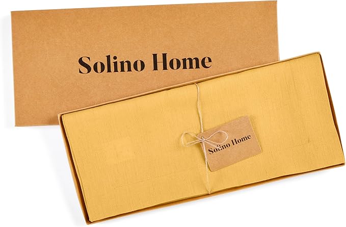 Solino Home Linen Mustard Yellow Table Runner 36 Inches - 100% Pure Linen Farmhouse Short Table Runner 14 x 36 Inch Ideal for Dresser and Coffee Tables - Fete