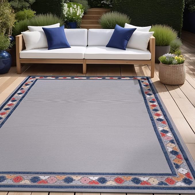 Beverly Rug Outdoor Rug 10x14 Modern Bordered Large Area Rugs for Indoor and Outdoor Patio Easy to Clean Non Shedding Living Room Porch Garden Washable Outside Carpet (10 x 14 Gray)