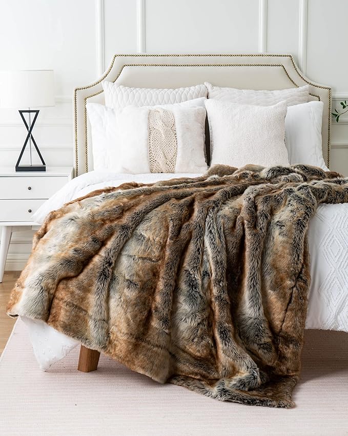 BATTILO HOME Luxury Brown Faux Fur Blanket Thick Warm Elegant Cozy Fuzzy Throw for Couch, Bed, Sofa Fluffy Blankets Decorative Reversible to Plush Velvet, 50"x60"