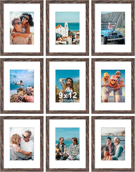 Vittanly 9x12 Picture Frames Set of 9, Shatter Resistant Plexiglass, Display 6x8 Pictures with Mat or 9x12 without Mat, Photo Frames for Wall or Tabletop, Engineered Wood, Brown