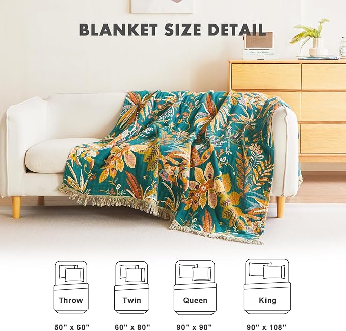 MSGKV Boho Throw Blanket for Couch Bed Chair 100% Cotton Muslin Breathable Embroidery Blanket 50"x60" Sofa Blankets for All Seasons Lightweight Farmhouse Blankets Boho Home Decor