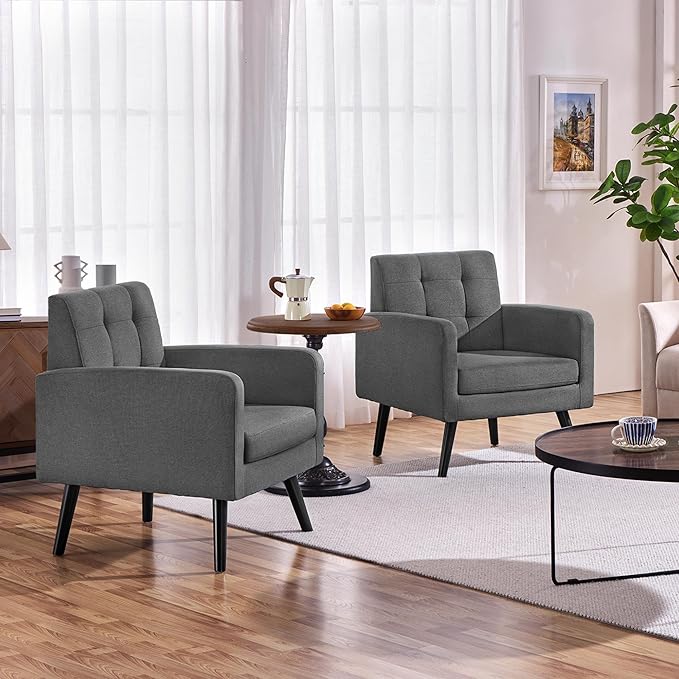 Yaheetech Mid-Century Accent Chairs, Modern Upholstered Living Room Chair, Cozy Armchair Button Tufted Back and Wood Legs for Bedroom/Office/Cafe, Set of 2, Gray