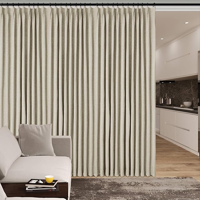Beige Pinch Pleat 100% Blackout Drapes Linen Blend, Room Divider, Room Darkening, Energy Saving, Furniture Protecting, Light Blocking Extra Wide Privacy Curtains, 200Wx108L, 1 PC