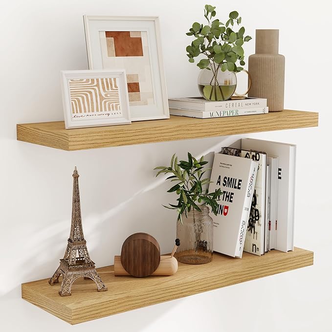Fun Memories Rustic Wood Floating Shelves for Wall, 36 x 9 Wall Shelves Set of 2, Deep Floating Shelf for Kitchen, Living Room Storage & Display, Rustic Deep Bookshelf, Oak Color