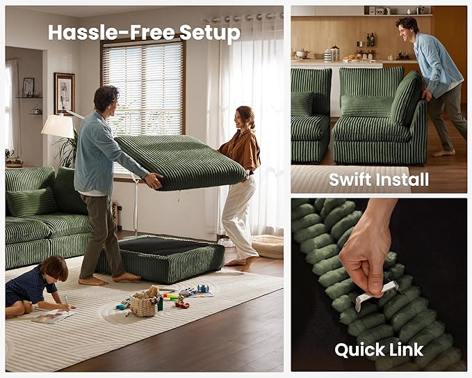 Oversized Modular Sofa, Extra Deep Cloud Corduroy Sectional Couch with Ottoman Chaise, Fluffy Chenille Corner V Shape Sofa for Living Room, Villa (Corner V Shape+Ottoman, Corduroy Green)