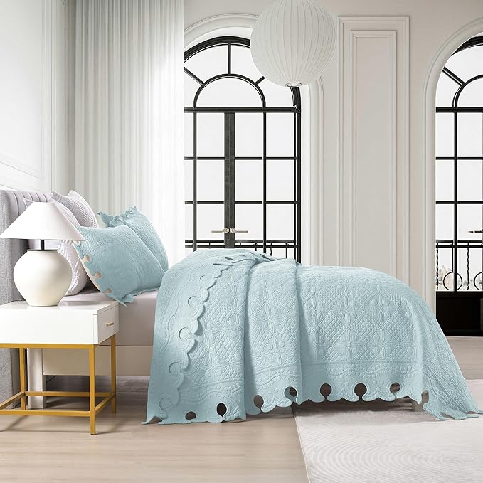 MarCielo 3-Piece 100% Cotton Oversized Bedspread Lightweight Quilt Coverlet Embroidery Farmhouse Bedding Set (TW Mint Green Blue, Oversized King (118"x106"))
