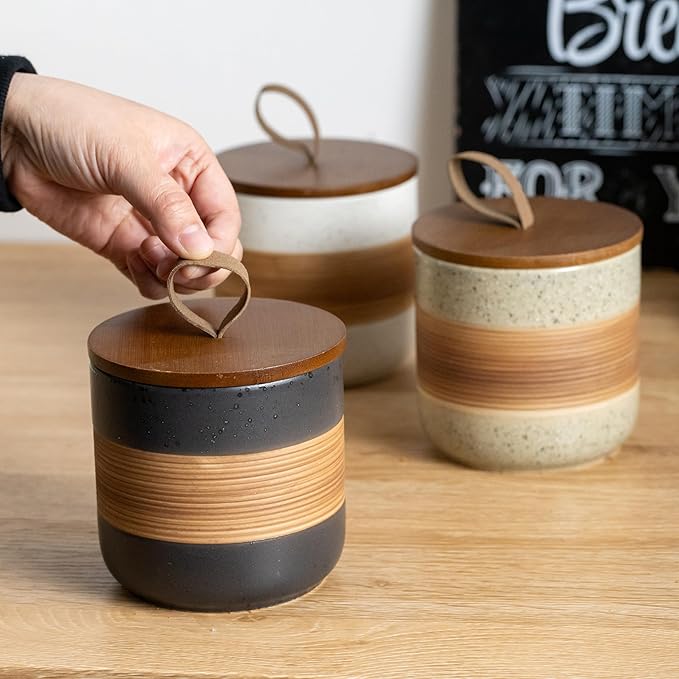 Coffee Container Jar with Lid, Ceramic Kitchen Food Storage Jars for Spice Sugar Cookie, Stackable Decorative Jars for Coffee Bar, Black & 28oz