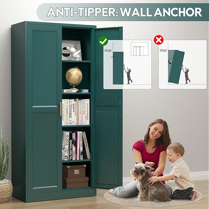 71" Storage Cabinet, Metal Pantry Cabinet, Kitchen Pantry Storage Cabinets with Doors and 4 Shelves, Cabinets for Laundry Room, Living Room, Dinning Room, Assembly Required, Green