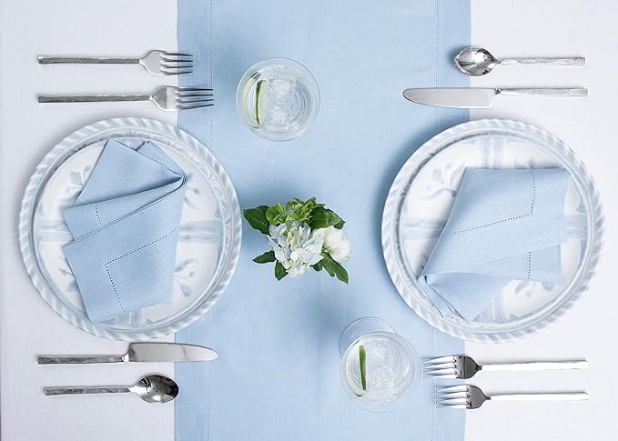 Solino Home Linen Sky Blue Table Runner 48 Inches - Classic Hemstitch, 100% Pure Linen Coffee Table Runner 14 x 48 Inch Ideal for Dresser Tables